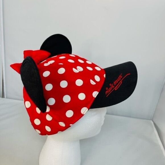 Disney Minnie Mouse Polka Dot Baseball Hat Cap Bow W/ Ears Red Black White Youth - Picture 2 of 7